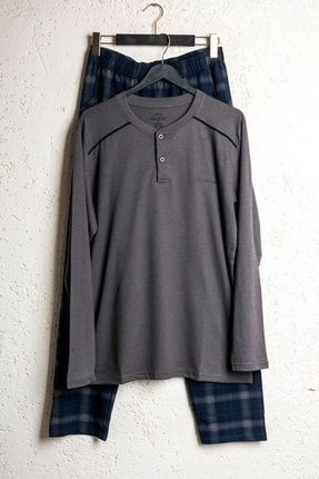 Füme Ekoseli Erkek Pijama Takımı Düğmeli Yaka Kışlık Uzun Kollu Pijama 6015 M6015