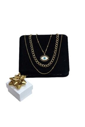 Woman Jewelry Altın Kaplama Göz Nazar Boncuklu Çift Zincirli Yeni Trend 3 Lü Modern Kadın Kolye DRKRRK1000000