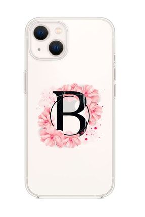 Iphone 13 Uyumlu Pembe Çiçek Desen B Harfli Premium Şeffaf Silikon Kılıf MCIP13SPC