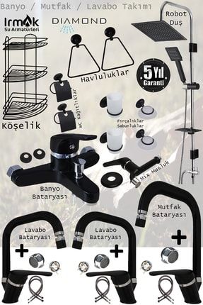 Irmak Siyah Banyo, Lavabo, Mutfak Bataryaları Musluk Armatür Robot Duş Aksesuar Lavabo Duş Takımı TTNB-623
