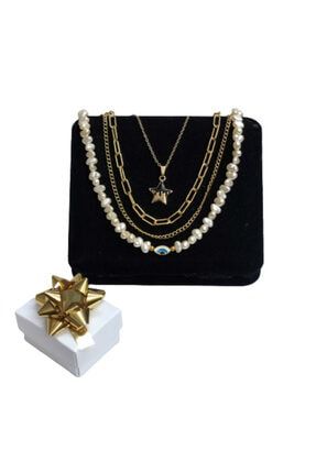 Amor Woman Jewelry Altın Kaplama Göz Nazar Boncuklu Siyah Yıldızlı Özel Tasarı 4 Lü Kadın Kolye DRKTAS1000000