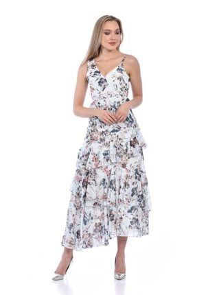 V Yaka Askılı Pile Etek Ve Çiçekli Beyaz Kadın Elbise ELB.CCK.1540-BYZ-B1540