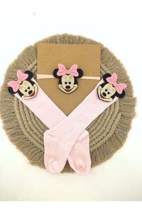 Minnie Mouse Keçe Figür Süslü Kız Bebek Diz Altı Çorap Bandana Hediyeli MinnieM.Set