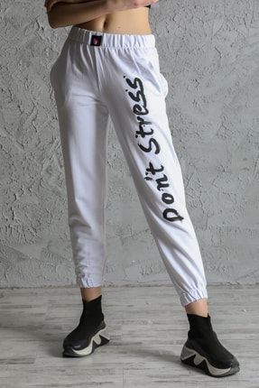 Kadın Kalın Paça Lastikli Eşofman Alt Bayan Kışlık Baskılı Pantalon Beyaz Slim Fit DONTSTRES5R