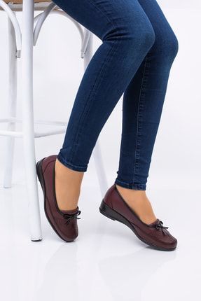 708 Kadın Dolgu Topuk Içi Hakiki Deri Ortopedik Bordo Günlük Anne Ayakkabısı