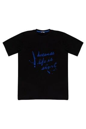 Siyah Bisiklet Yaka Erkek Büyük Beden Baskılı Pamuklu T-shirt 4xl , 5xl , 6xl Tshirt because life is short siyah 4xl