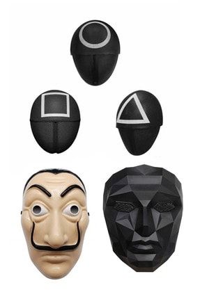 3'lü Squid Game Maske Seti Kare Üçgen Yuvarlak ve 1 Adet Yönetici Maskesi ve Salvador Maske lmt-sq-y7