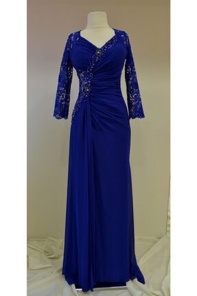 Kadın Saks Mavi Şifon Beli Drapeli Işlemeli Kolları Dantel Uzun Abiye Elbise bayraklı00178