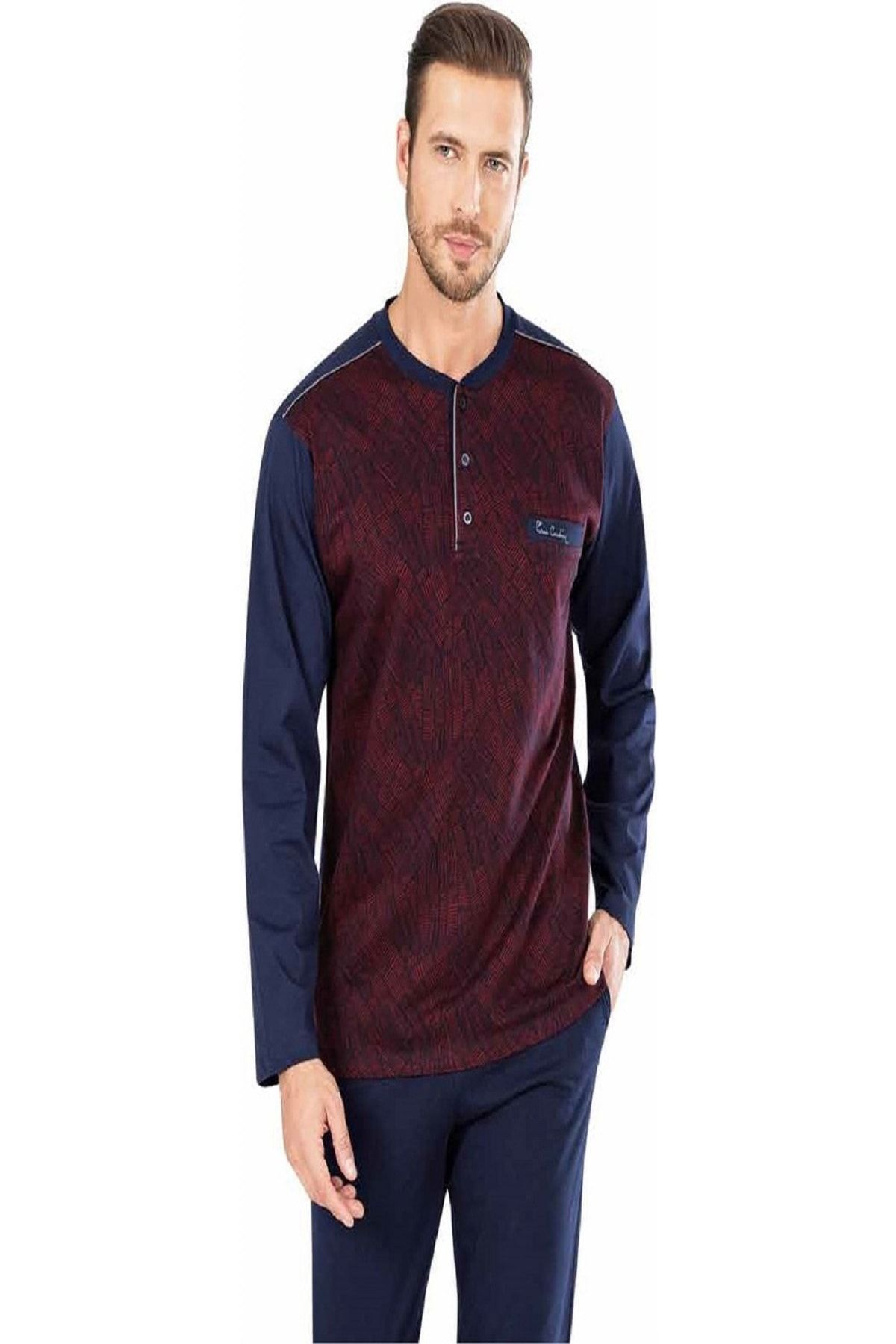 ست پیژامه قرمز مردانه لباس خواب Jacquard با جعبه جهیزیه 5466 Pierre Cardin