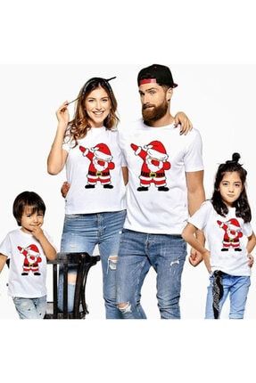 Beyaz Yılbaşı Tişörtü 4lü Aile Kombini Anne Baba 2 Çocuk Pamuklu Tshirt Noel Baba Baskılı HMYIL22004444