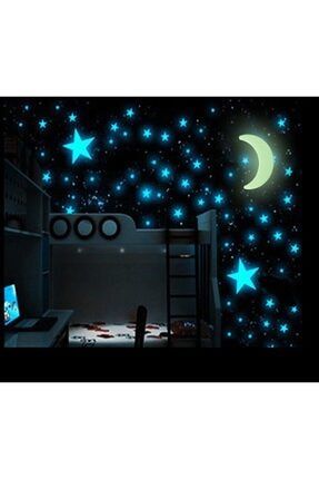 100 Adet Fosforlu Yıldız Ay Gezegen Gökyüzü Karanlıkta Parlayan Çocuk Odası Duvar Tavan Süsü Sticker BND100YLDZAY2