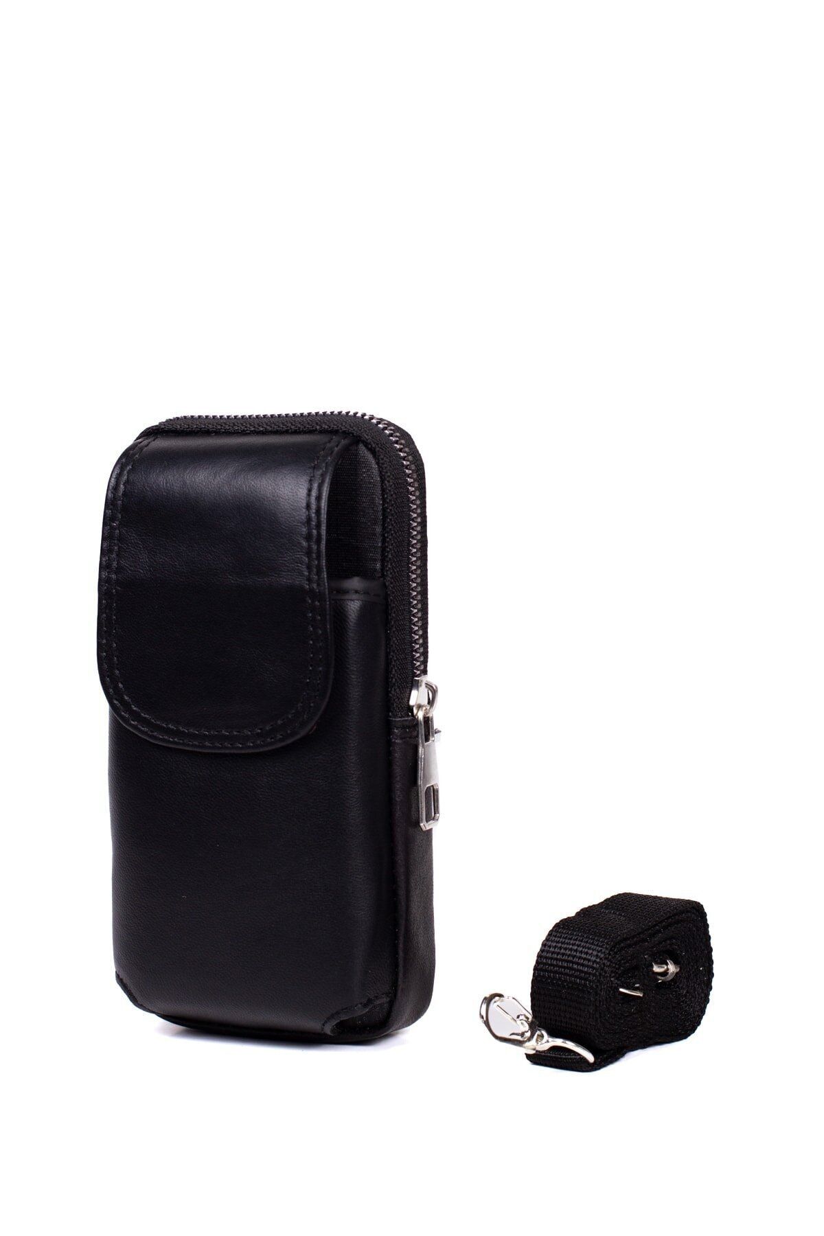 NEWISH POLO ACCESSORIES Unisex Deri Telefon Bölmeli Siyah Omuzdan Askılı Bel Omuz Çantası 17x9x4,5cm