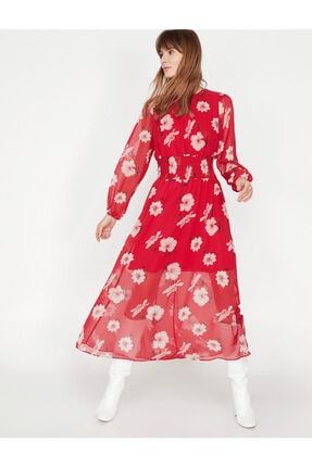 Kadın Kırmızı Çiçek Desenli Elbise 9KAK88903PW