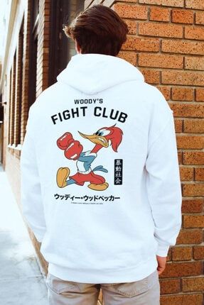 %100 Pamuk Hoodie Woody Woodpeckers Fight Club Baskılı Sweatshirt - Beyaz WOODYBEYAZ