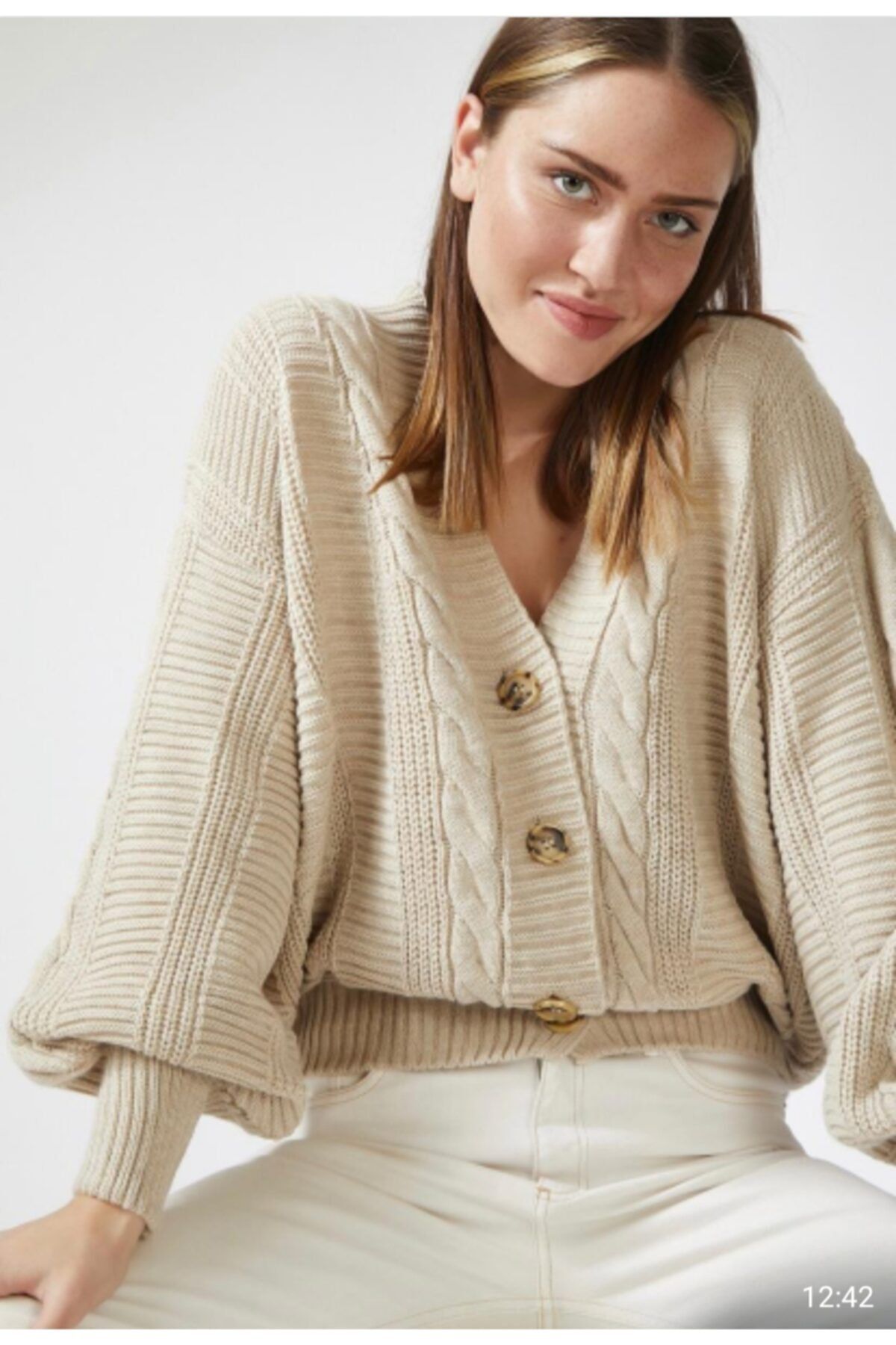 Barnies-Women's Knitted Patterned Balloon Sleeve Casual Knitwear Cardigan 2