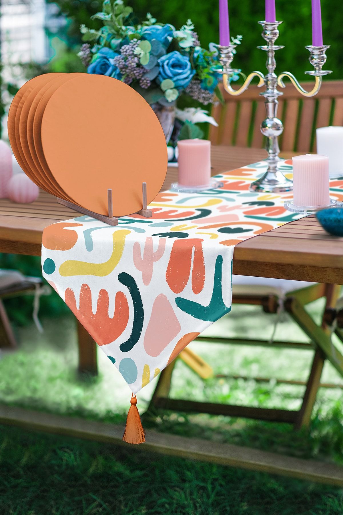 Realhomes Runner Cu Ciucuri Triunghi Cu Motiv Onedraw Colorat 1 Bucată Și 6 Bucăți Supla De Culoare Portocalie - One Size