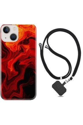 Apple Iphone 13 Kılıf Silikon Ipli Boyun Askılı Desenli Red Orange Zigzag 1695 ip13plixxxfozel7