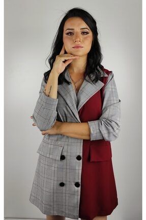Kadın Bordo Ekose Oversize Kruvaze Yakalı Blazer Ceket ELB0002