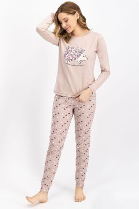 Kadın Soluk Kahverengi Hedgehog Pijama Takımı AR1001-S