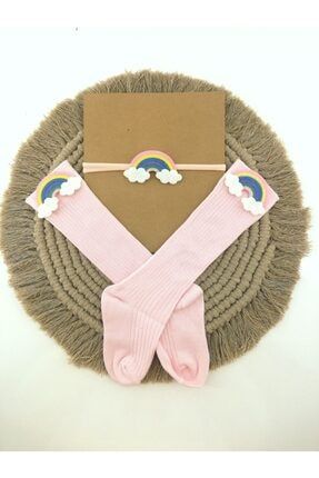 Gökkuşağı Keçe Figür Süslü Kız Bebek Diz Altı Çorap Bandana Hediyeli Rainbowset