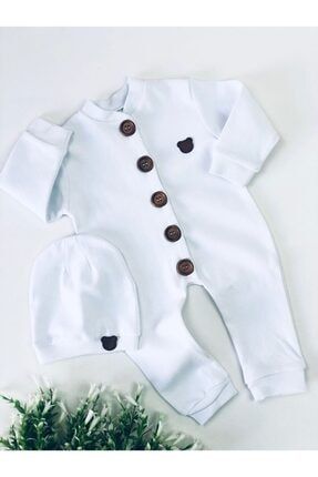Beyaz,düğmeli Erkek Bebek Tulum Set ES0033