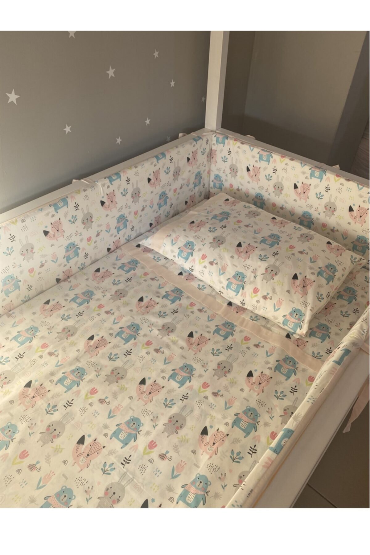 Sevimli Hayvanlar Desenli 60x120 Montessori/beşik Bebek Nevresim Takımı Ve Kenar Koruma 3
