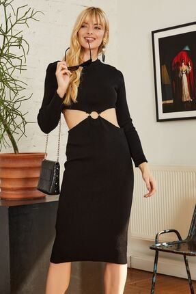 Kadın Bel Halka Detaylı Siyah Triko Standart Elbise Goon115 GOON115