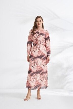 Batik Desen Anvelop Kesim Şifon Elbise Rose EBU2020