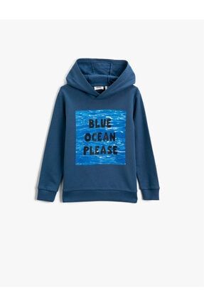 Erkek Mavi Pamuklu Kapüşonlu Yazılı Baskılı Uzun Kollu Sweatshirt 1KKB16192TK