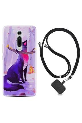 Xiaomi Mi 9t Kılıf Silikon Ipli Boyun Askılı Desenli Mor Kurt 1614 mi9tplixxxfozel1