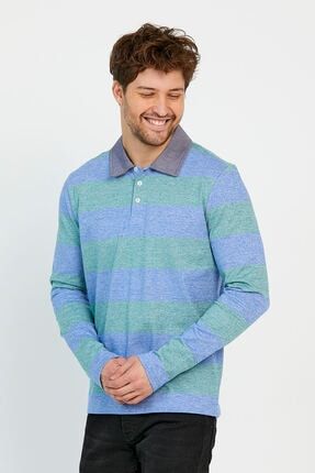 Erkek Yeşil Mavi Çizgili Uzun Kollu Polo Yaka T-shirt TM0303