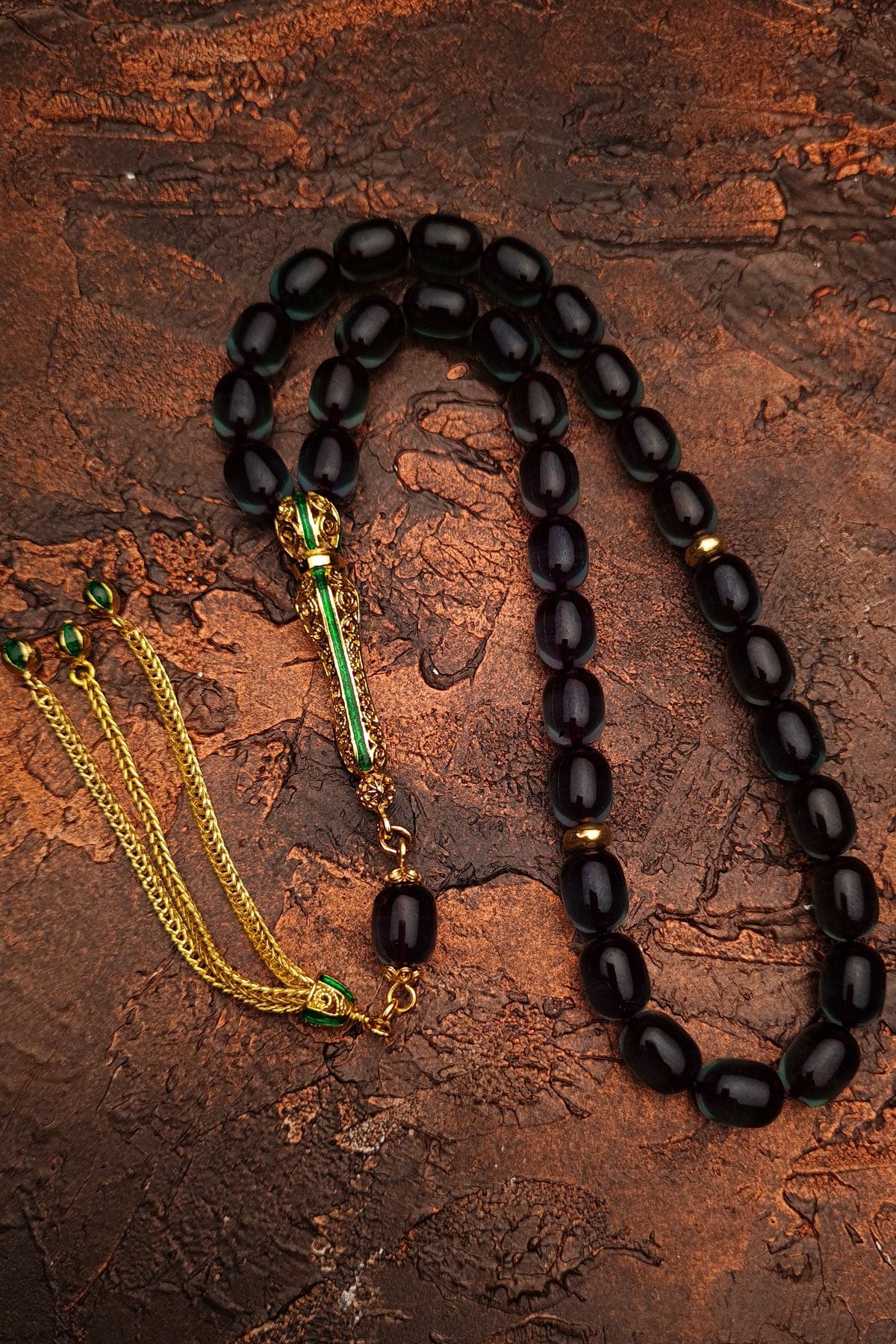 OTTOTESBİH-مسبحة رجالية مقاس 8x12 ملم مقطوعة على شكل كبسولة بلون الزمرد وكهرمان ناري 1