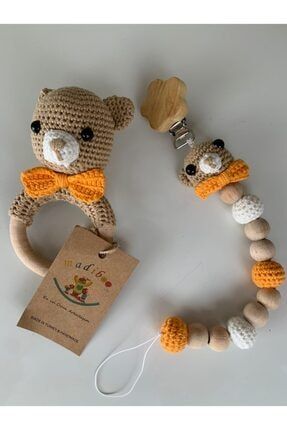 Doğal El Örgüsü Ayıcık İkili Set Amigurumi Emzik Askısı ve Diş Kaşıyıcı MADİBOO-44