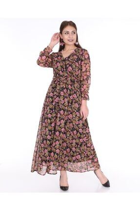 Kadın Pembe Çiçek Desenli Uzun Şifon Elbise 224524