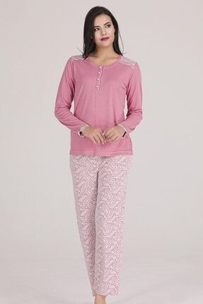 Kadın Pembe Chiser Uzun Kol 4 Düğmeli Omuz ve Kol Dantelli Gül Kurusu Örme Pijama Takımı 021549