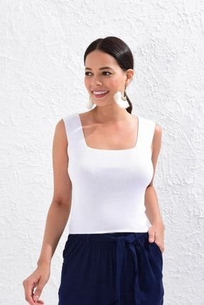 Kadın Beyaz Esnek Triko Kumaş Askılı Kare Yaka Crop Bluz BS-AV-004-1