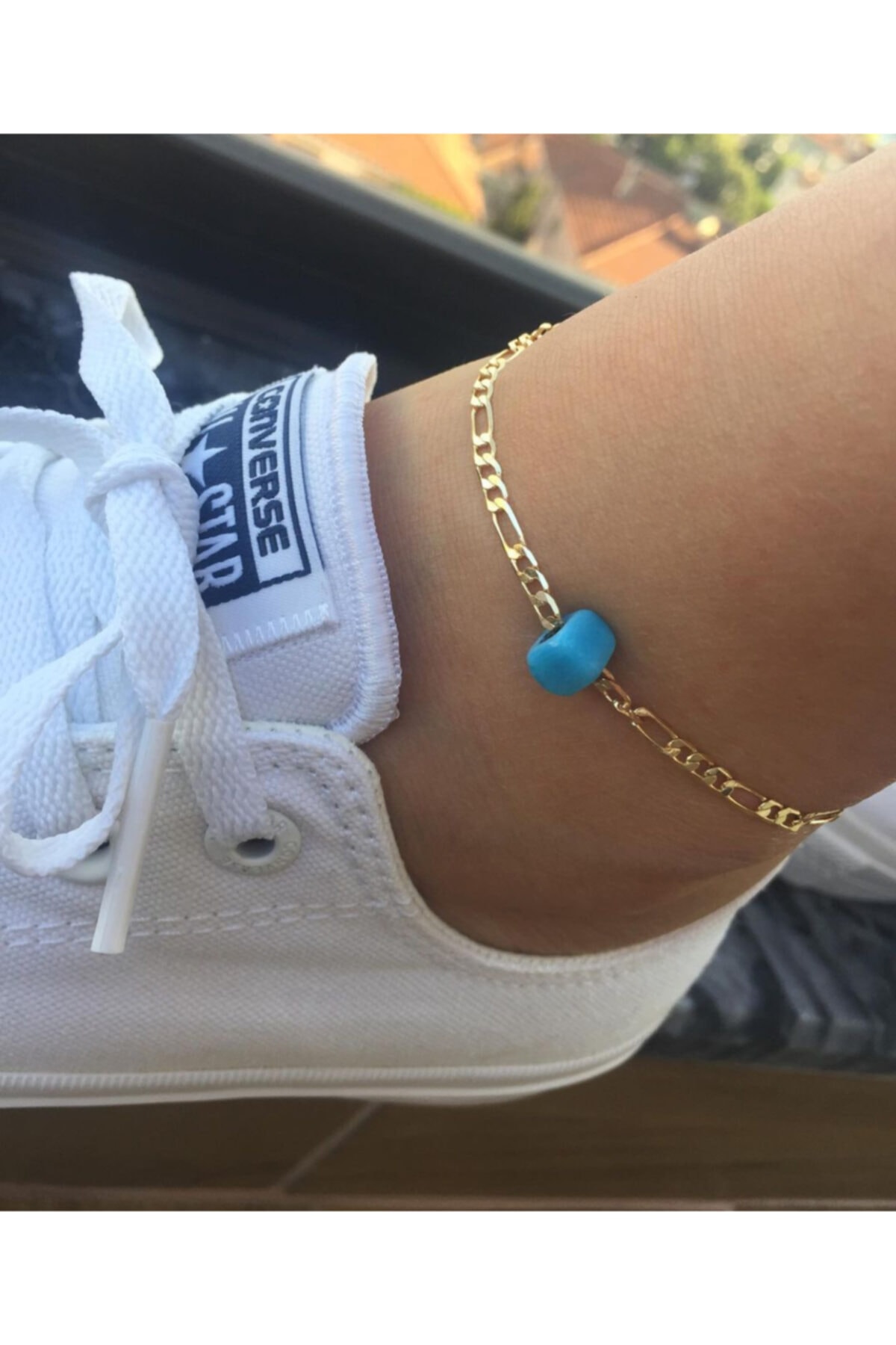 ACCESSORIES WORLD Kadın Altın Mavi Boncuklu Halhal