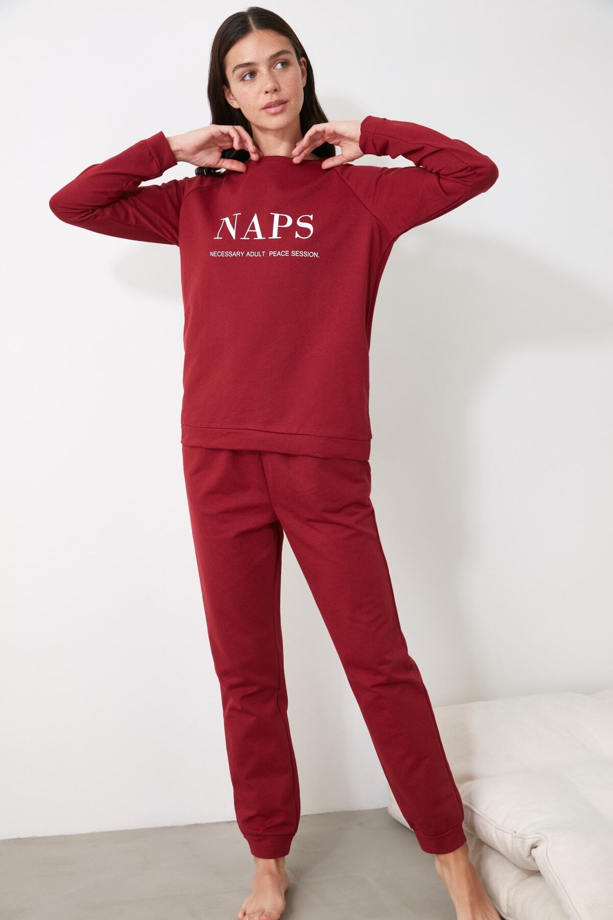 Trendyol Collection-Set pijama tricotată cu slogan roșu Claret THMAW21PT0497 6