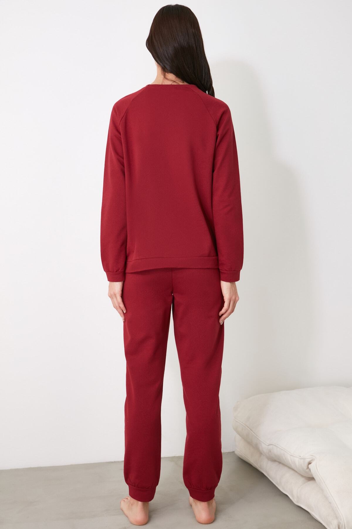 Trendyol Collection-Set pijama tricotată cu slogan roșu Claret THMAW21PT0497 10