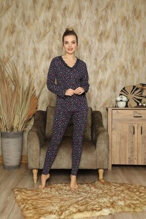 Kadın Lacivert Dantel Detaylı V Yaka Penye Tayt Pijama Takım 43410