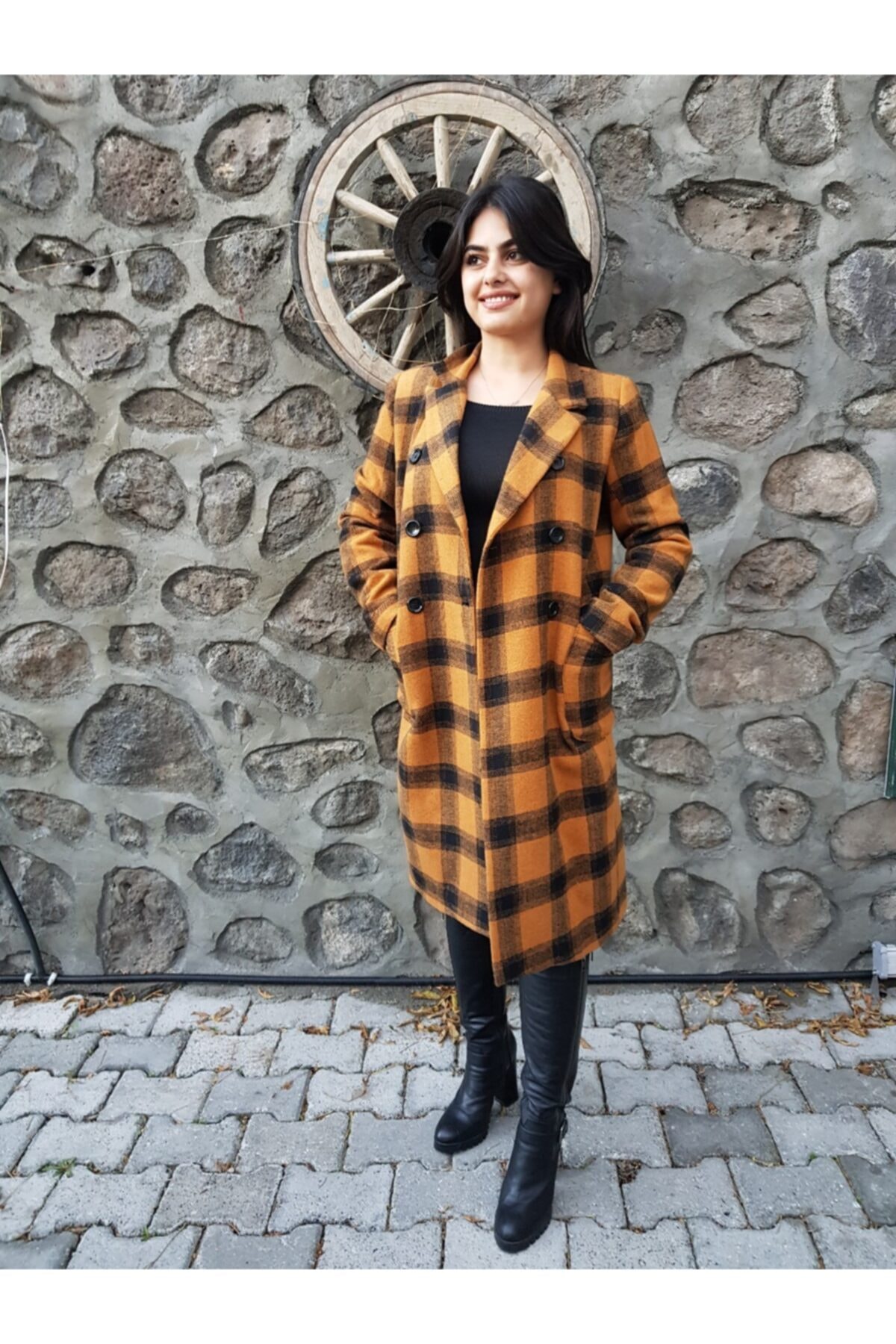 FERGAN  Kadın Hardal Ekose Kaşe Kaban