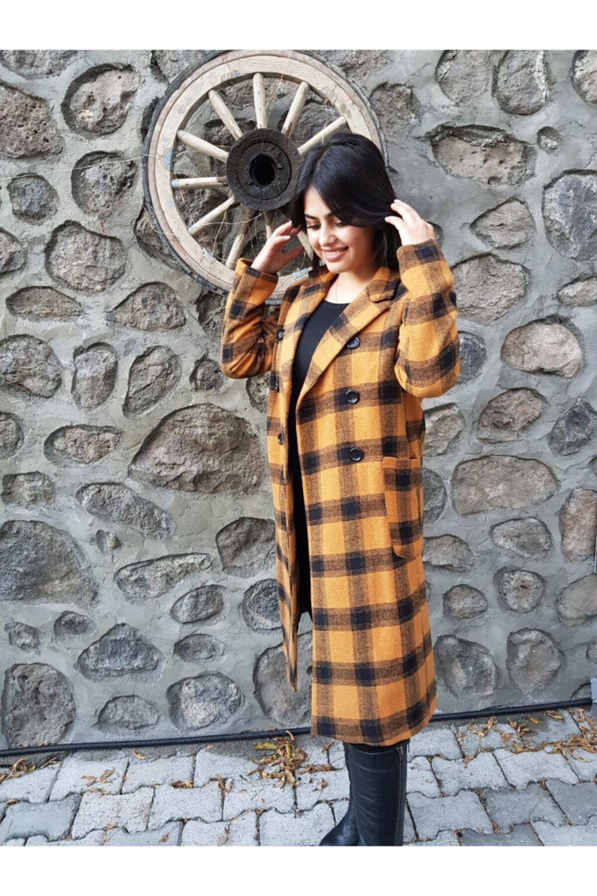 FERGAN  Kadın Hardal Ekose Kaşe Kaban - Görsel 2