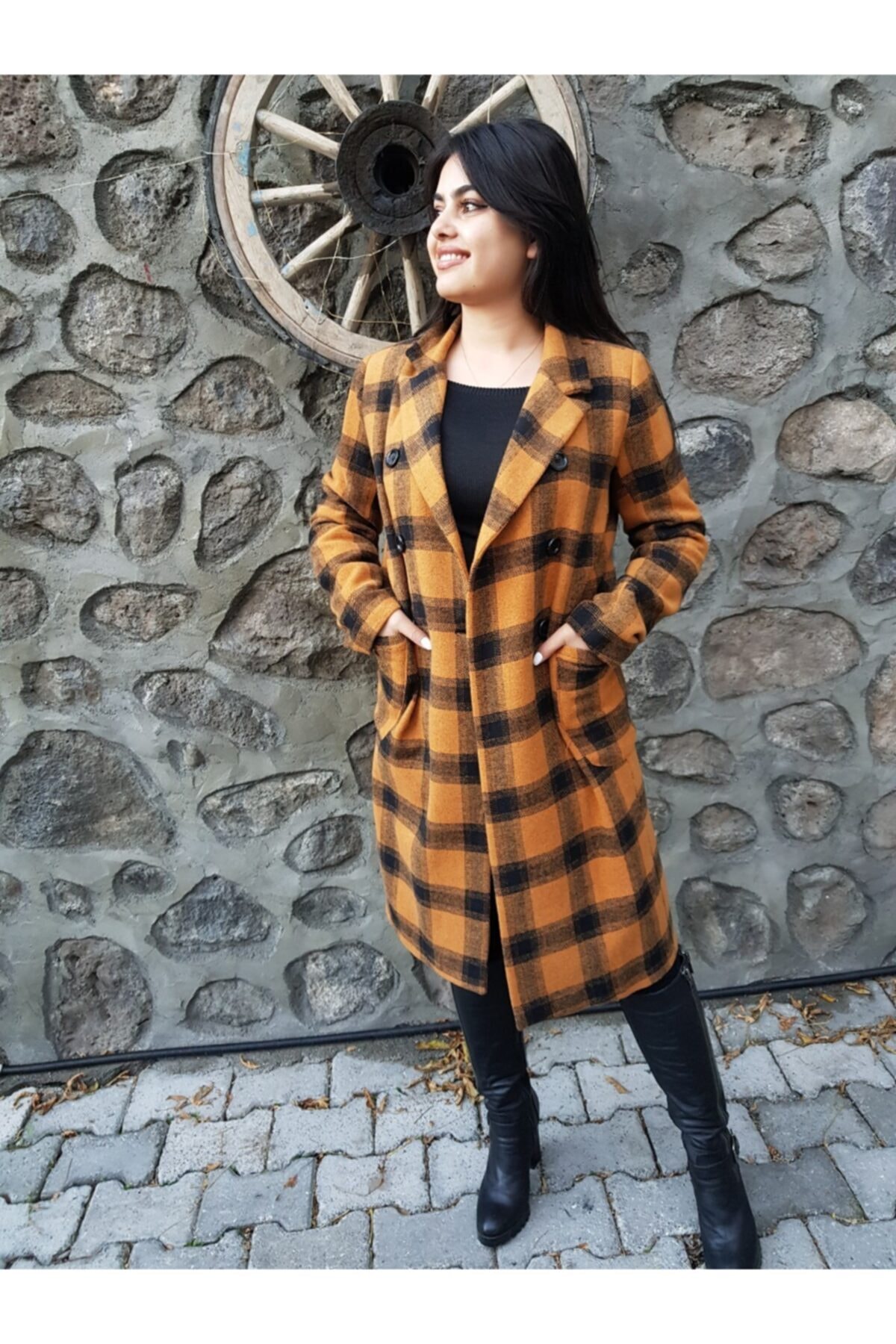 FERGAN  Kadın Hardal Ekose Kaşe Kaban - Görsel 4