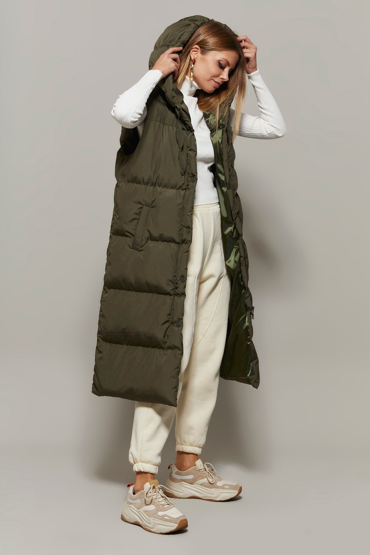 Cool & Sexy-Women's Long Puffer Vest in Khaki - Daf05 4