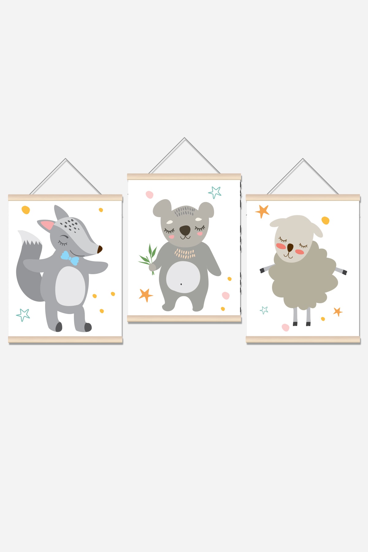 Sevimli Hayvanlar İp Askılı Çocuk Odası Kanvas Poster Tablo Duvar Dekoru