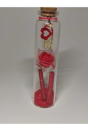 Hediyelik Mini Not Kağıtlı 12,5 cm Love Yazılı Mantar Kapaklı Romantik Tüp Gül ve Deniz Kabuğu hediyeliktüp3