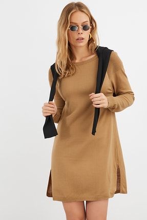 Kadın Camel Çift Yırtmaçlı Triko Elbise YV77