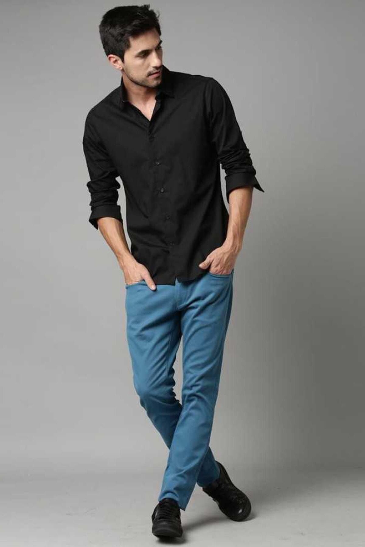 Lumans-Men's Black Matte Satin Slim Fit Shirt 1