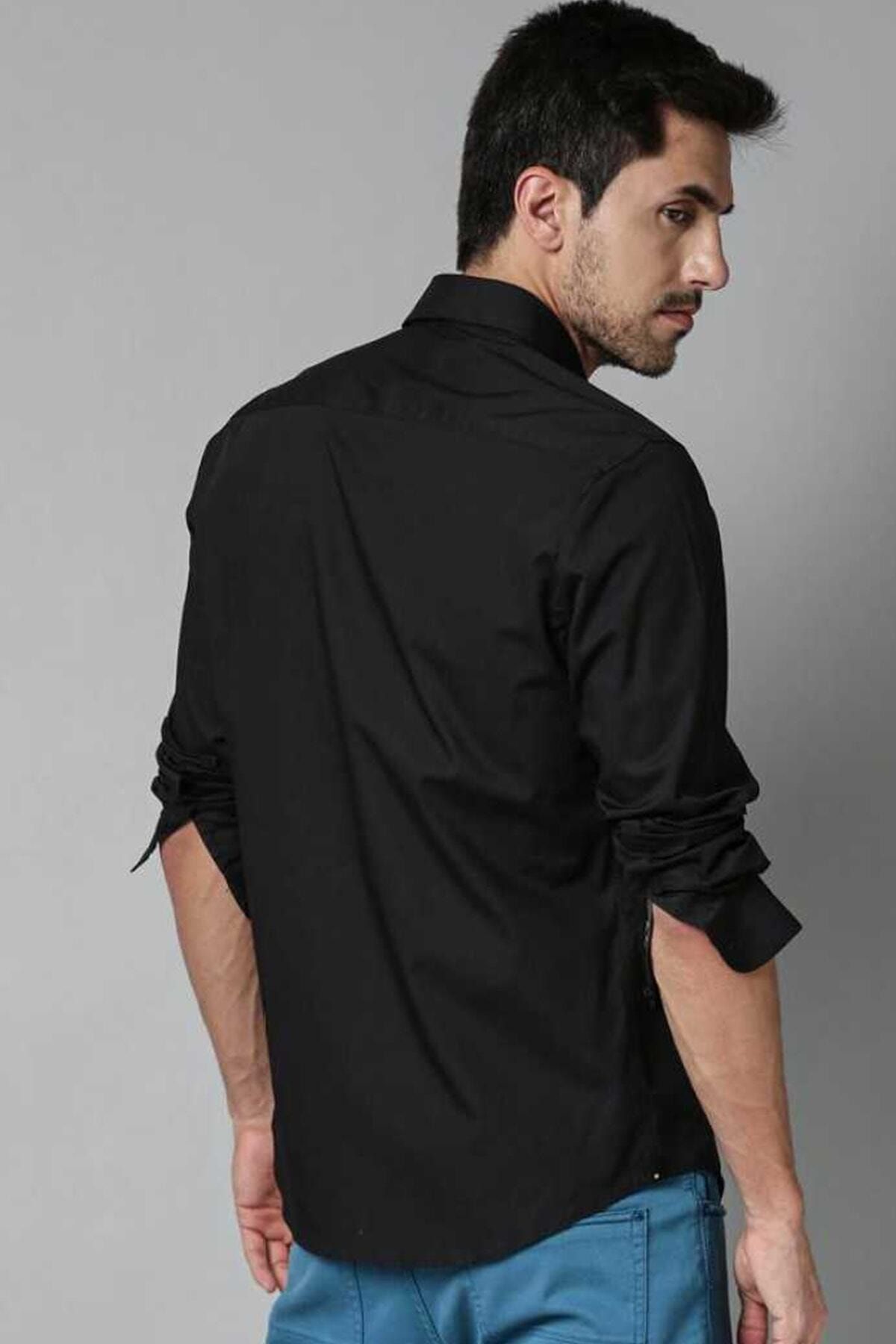 Lumans-Men's Black Matte Satin Slim Fit Shirt 5