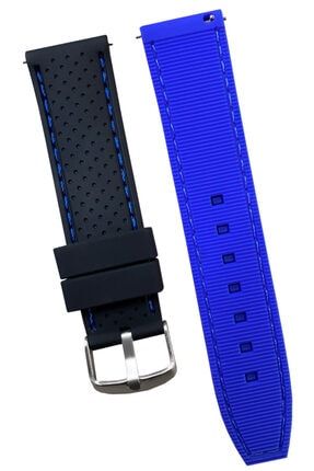 Rolex Saat Uyumlu 22mm Mavi Dikişli Siyah Renk Silikon Saat Kordonu Kayışı RLX-CRDS-SIYAH-MAVI-22